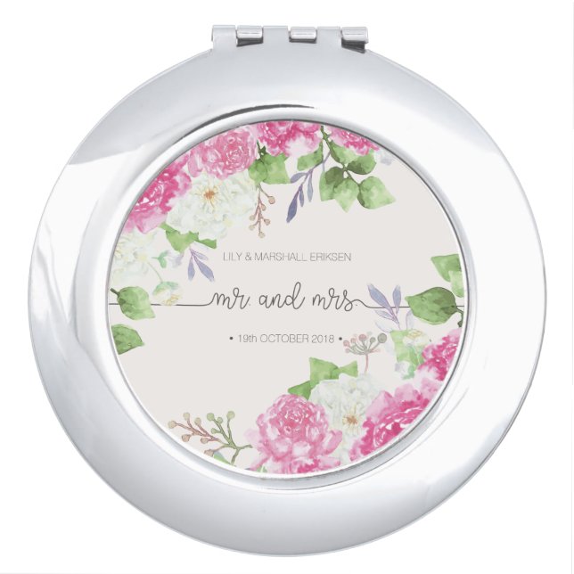 Elegant Floral Mr & Mrs Wedding | Compact Mirror (Front)