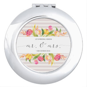 Elegant Floral Mr & Mrs Wedding Compact Mirror
