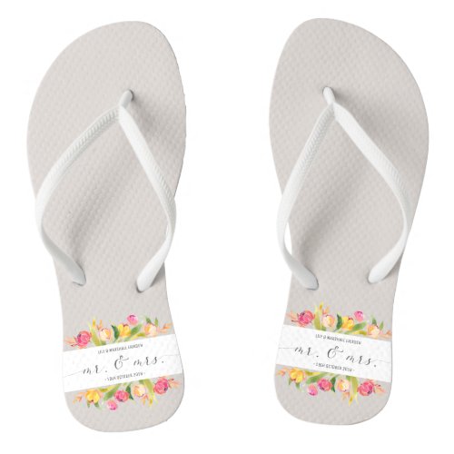 Elegant Floral Mr  Mrs Wedding  Flip Flops