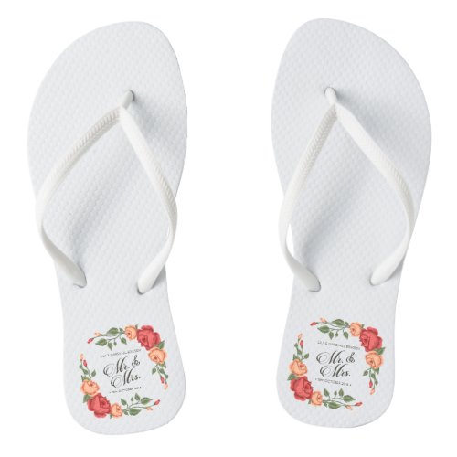 Elegant Floral Mr  Mrs Wedding  Flip Flops