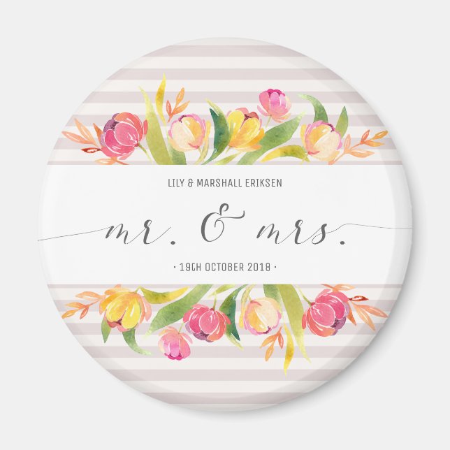 Elegant Floral Mr & Mrs Wedding | Fridge Magnet (Front)