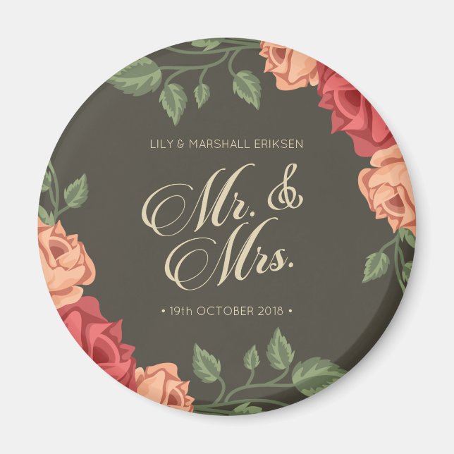 Elegant Floral Mr & Mrs Wedding | Fridge Magnet (Front)