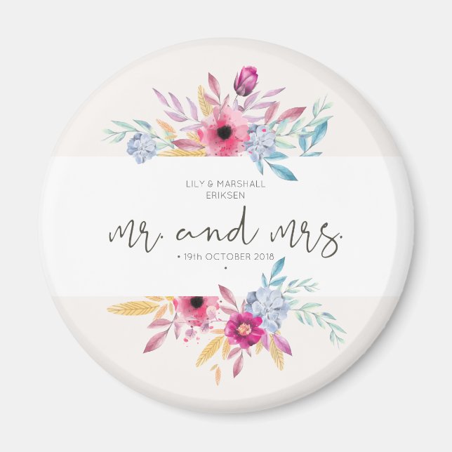 Elegant Floral Mr & Mrs Wedding | Fridge Magnet (Front)