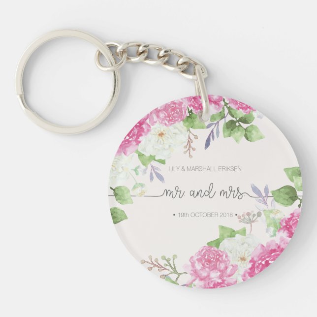 Elegant Floral Mr & Mrs Wedding | Keychain (Front)