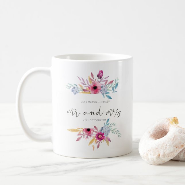 Elegant Floral Mr & Mrs Wedding | Mug (With Donut)