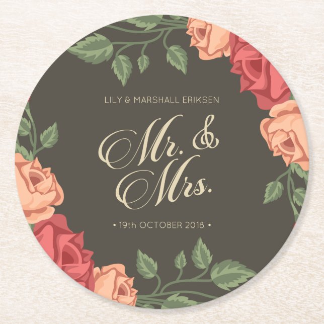 Elegant Floral Mr & Mrs Wedding | Paper Coaster (Front)