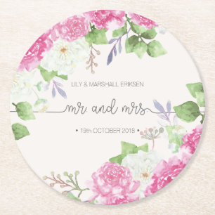 Elegant Floral Mr & Mrs Wedding Paper Coaster