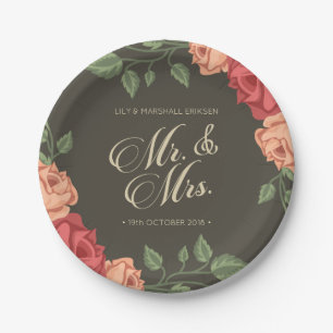 Elegant Floral Mr & Mrs Wedding Paper Plate