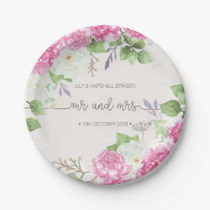 Elegant Floral Mr & Mrs Wedding Paper Plate