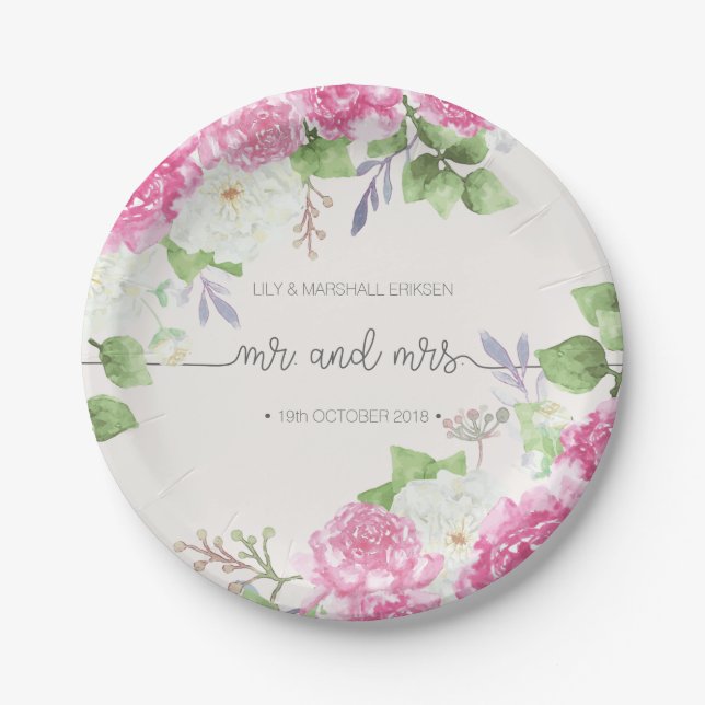 Elegant Floral Mr & Mrs Wedding | Paper Plate (Front)