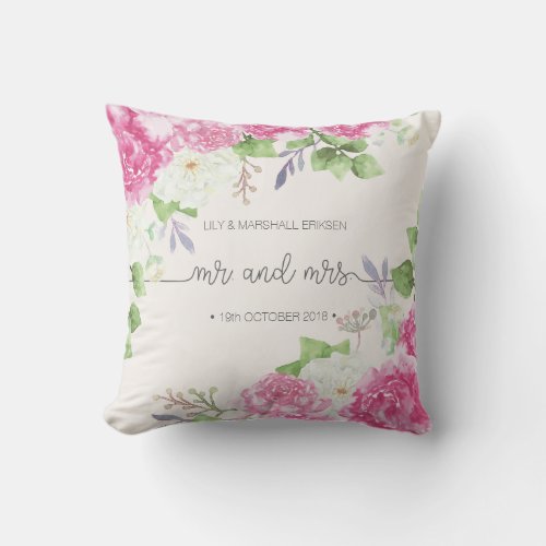 Elegant Floral Mr  Mrs Wedding  Throw Pillow