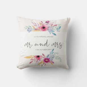 Elegant Floral Mr & Mrs Wedding Throw Pillow