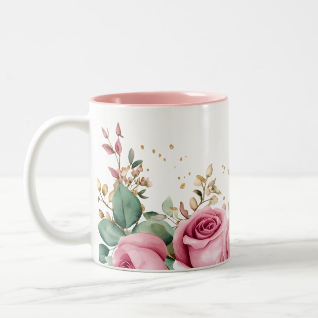 Elegant Floral Mug with Pink Roses and Greenery (Left)