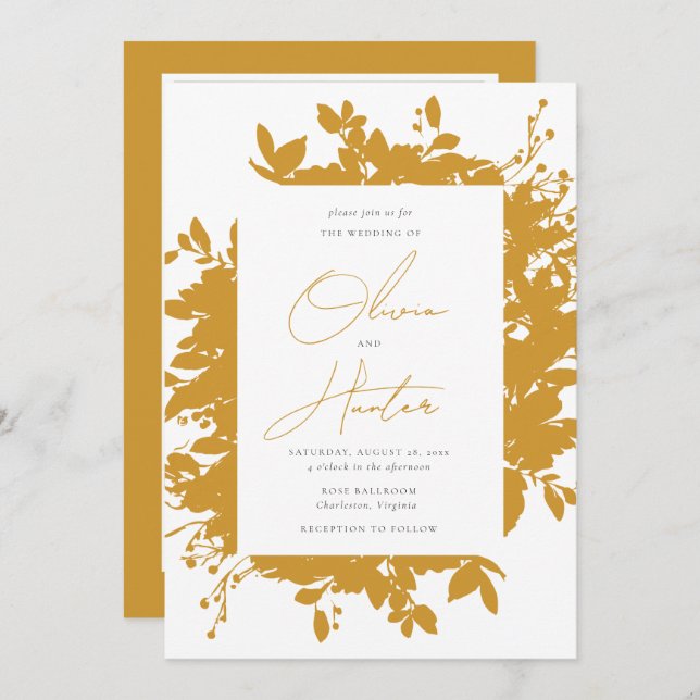 Elegant Floral Mustard Yellow QR Code Wedding Invitation (Front/Back)