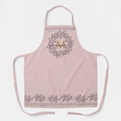 Elegant Floral Name Initial Monogram Pink Black Apron