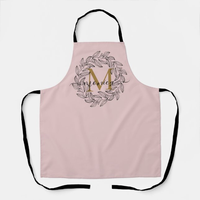 Elegant Floral Name Initial Monogram Pink Black Apron (Front)