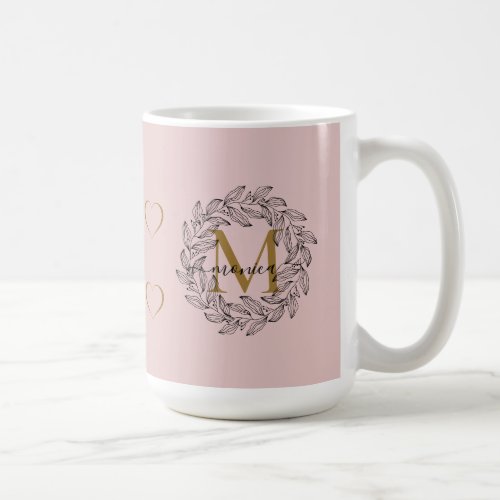 Elegant Floral Name Initial Monogram Pink Black Coffee Mug