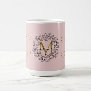 Elegant Floral Name Initial Monogram Pink Black Coffee Mug