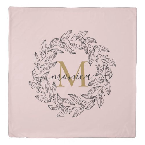 Elegant Floral Name Initial Monogram Pink Black Duvet Cover