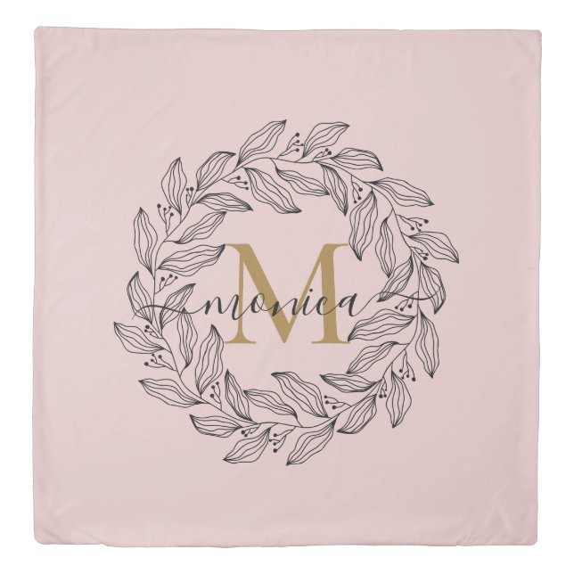 Elegant Floral Name Initial Monogram Pink Black Duvet Cover (Front)