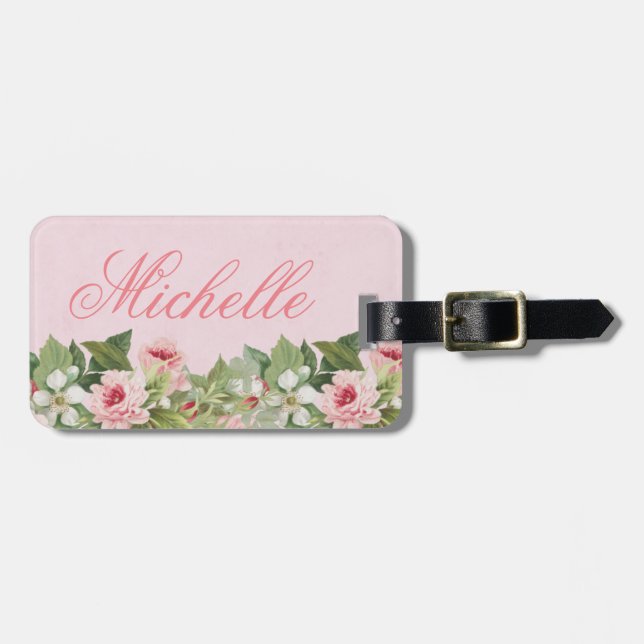 Elegant floral name luggage tag w/ flowers (Front Horizontal)