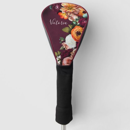 Elegant Floral Name Script Customized Burgundy Golf Head Cover