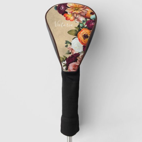 Elegant Floral Name Script Customized Rustic  Golf Head Cover