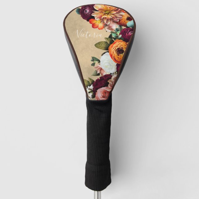 Elegant Floral Name Script Customized Rustic  Golf Head Cover (Front)