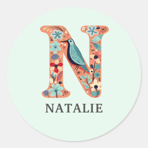 Elegant Floral Nature Letter N Personalized Name Classic Round Sticker