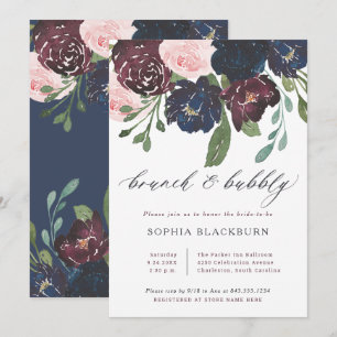 Elegant Floral Navy and Plum   Brunch and Bubbly Invitation