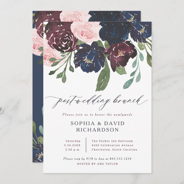 Elegant Floral Navy and Plum | Post Wedding Brunch Invitation (Front/Back)