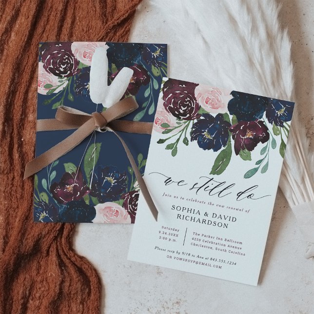 Elegant Floral Navy and Plum | Vow Renewal Invitation (A lovely and elegant floral wedding vow renewal invitation, in navy blue and plum with modern script)