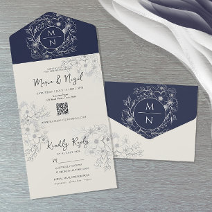 Elegant Floral Navy and Silver Wedding All In One Invitation