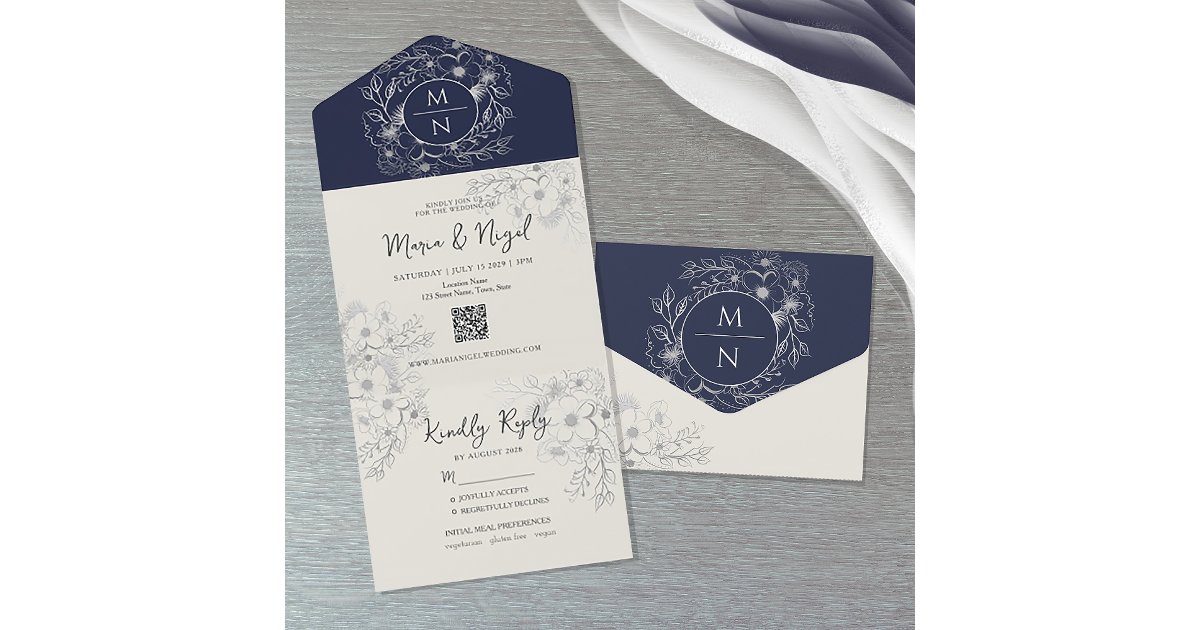 Elegant Floral Navy and Silver Wedding All In One Invitation | Zazzle