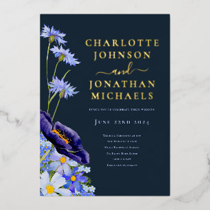 Elegant Floral Navy Blue and Gold Foil Invitation