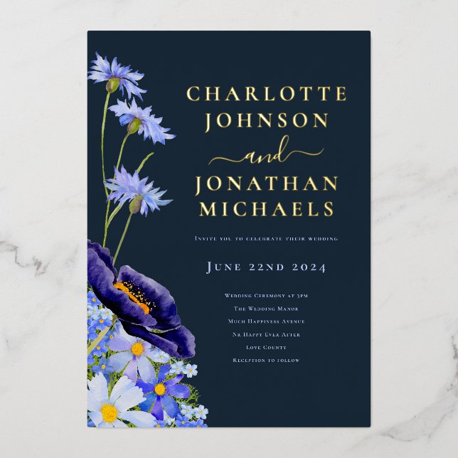 Elegant Floral Navy Blue and Gold Foil Invitation (Front)