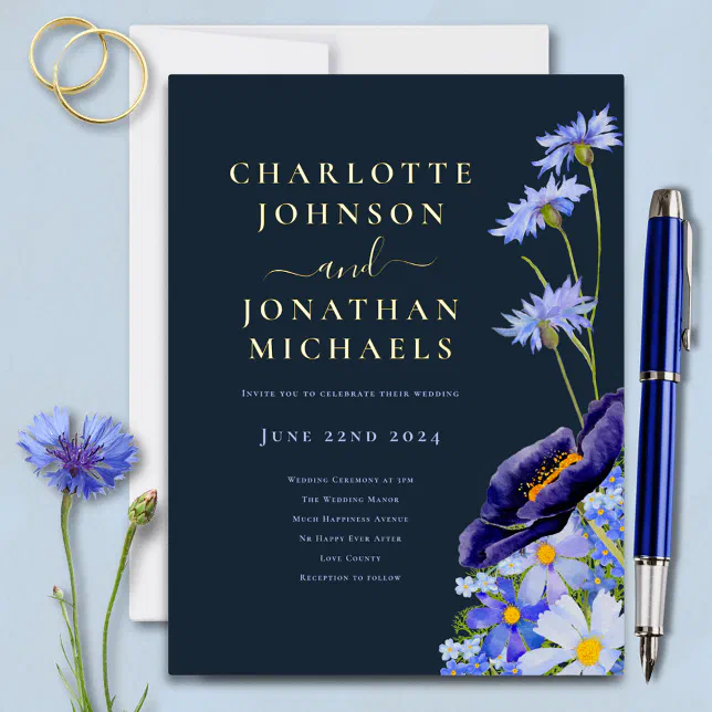 Elegant Floral Navy Blue and Gold Foil Invitation Postcard | Zazzle