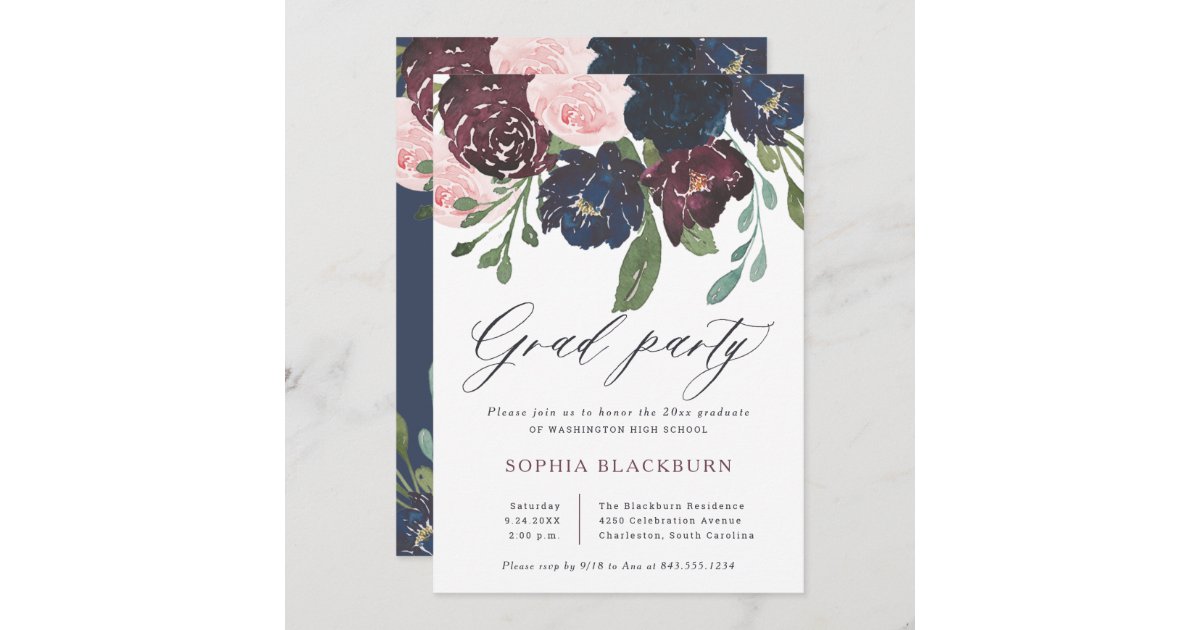 Elegant Floral | Navy Blue and Plum Grad Party Invitation | Zazzle