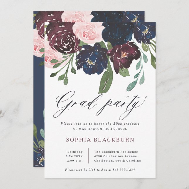 Elegant Floral | Navy Blue and Plum Grad Party Invitation (Front/Back)