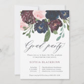 Elegant Floral | Navy Blue and Plum Grad Party Invitation (Front)