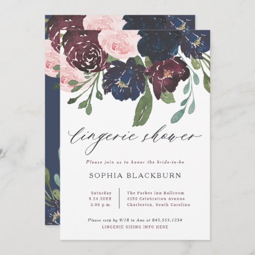 Elegant Floral Navy Blue and Plum Lingerie Shower Invitation