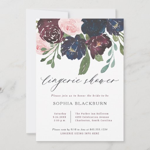 Elegant Floral Navy Blue and Plum Lingerie Shower Invitation | Zazzle