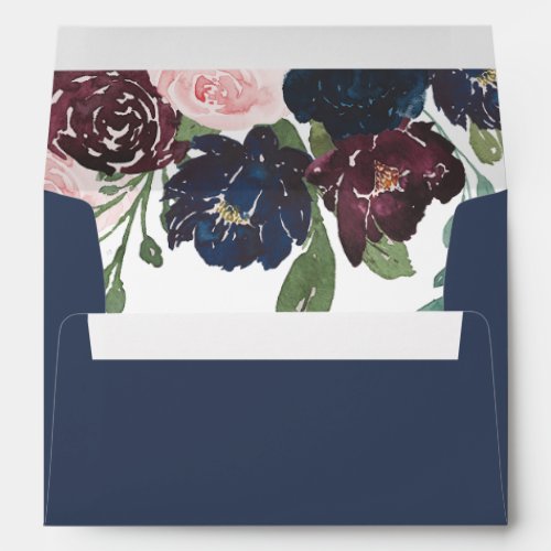 Elegant Floral Navy Blue and Plum on Dark Blue Envelope