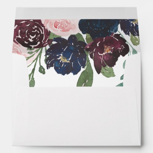Elegant Floral Navy Blue and Plum on White Envelope