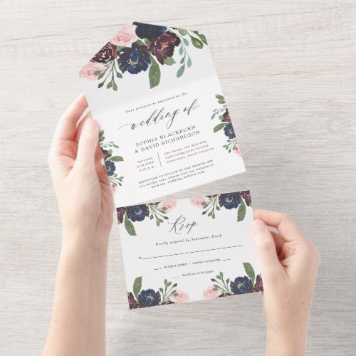 Elegant Floral Navy Blue and Plum  Wedding All In One Invitation