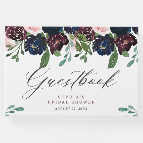 Elegant Floral Navy Blue and Plum  Wedding Guest Book