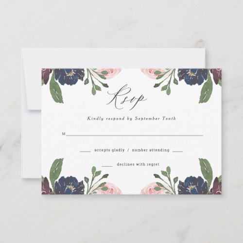 Elegant Floral Navy Blue and Plum  Wedding RSVP Card