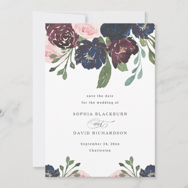 Elegant Floral Navy Blue and Plum | Wedding Save The Date (Front)
