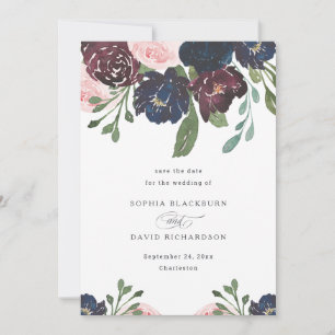 Elegant Floral Navy Blue and Plum Wedding Save The Date