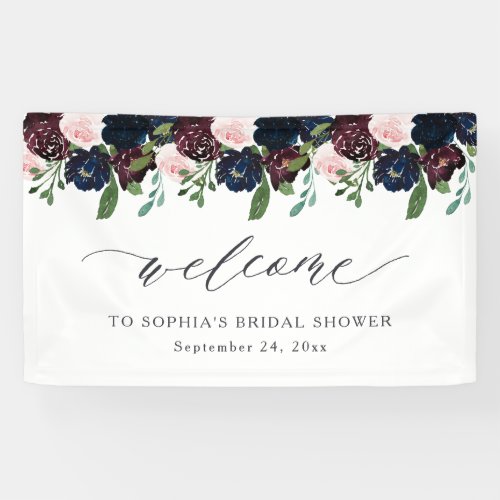 Elegant Floral Navy Blue and Plum  Welcome Banner